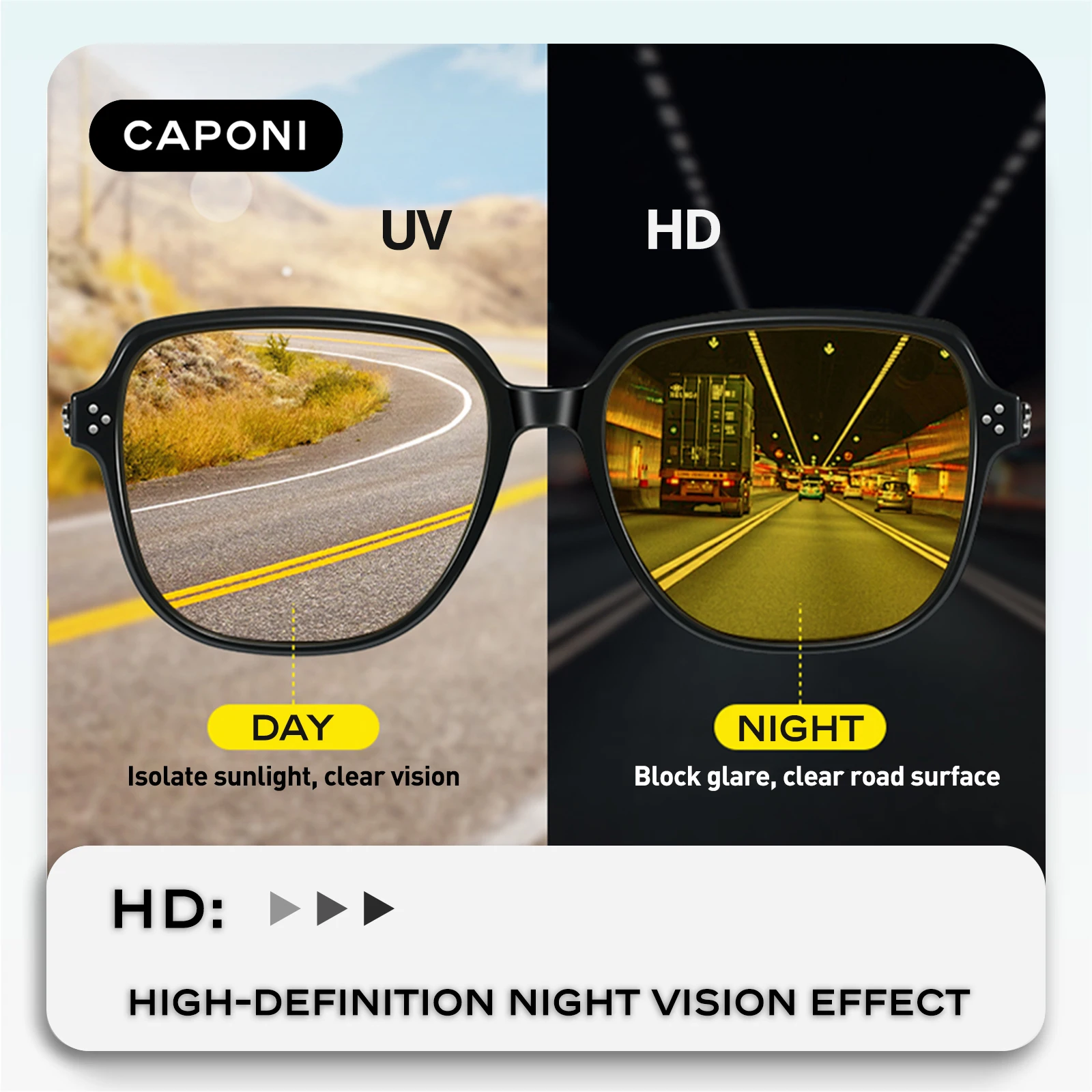 CAPONI Intelligent Color Change Night Vision Sunglasses Polarized Eyewear UV400 Yellow Lenses Women HD Classic large frame 24009