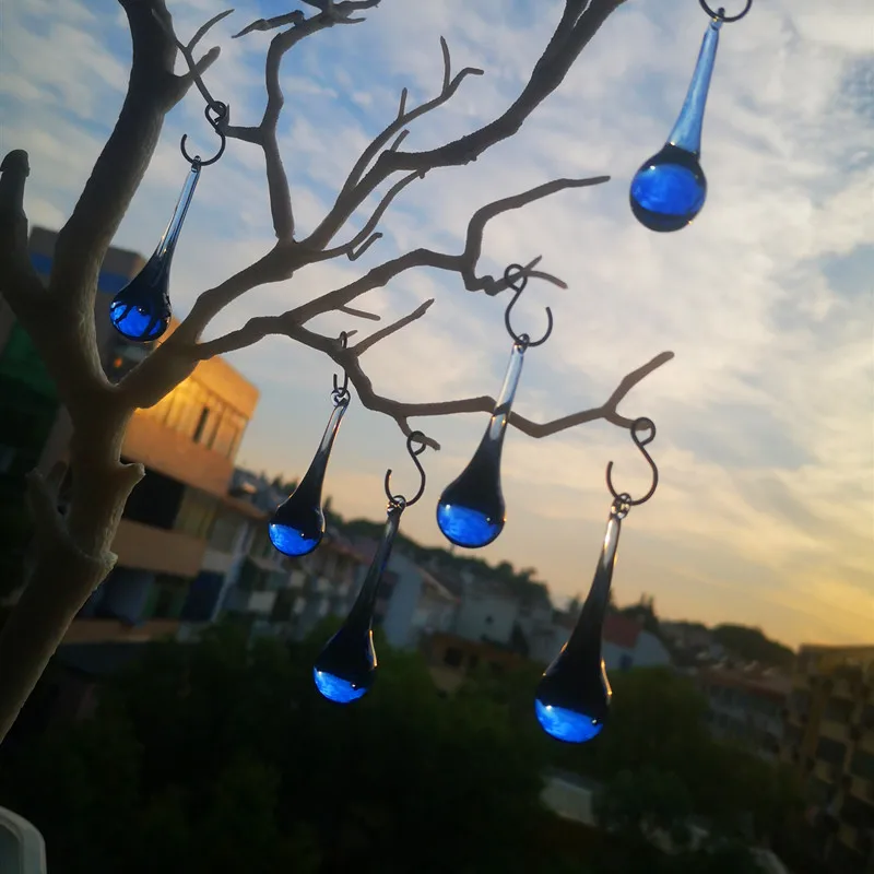 Free Hooks 20pcs/lot 20*80mm Blue Glass Light Raindrop Crystal Chandelier Hanging Chrstmas Tree Pendant Bar & Wedding Home Decor