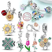 Original 925 Sterling Silver Charm Beads Clover Sunflower Tulip Carnation Pendant For Women Jewelry Fashion Gift 1