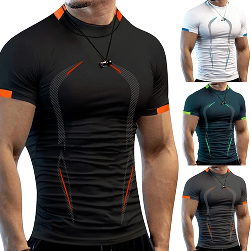 

Men Causal Sports Slim Fitted Athletic O-Neck T-shirt Short Sleeve Turn-down Collar Workout Top for Summer Quik Dry Gym Clothing