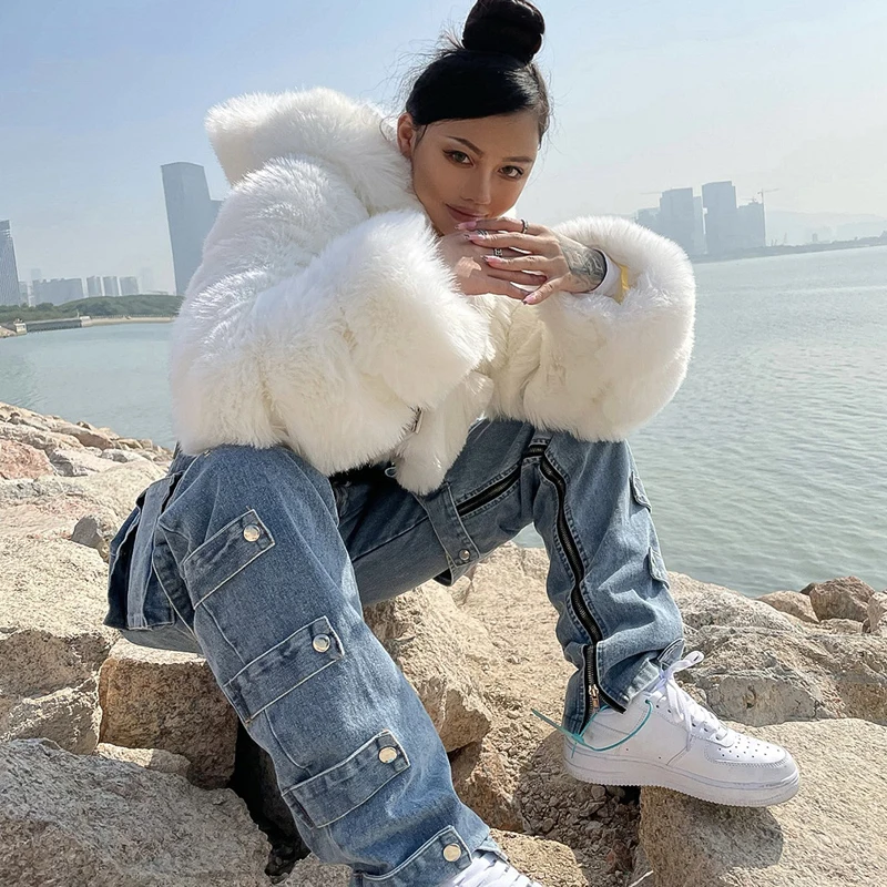 Blue Furry Cropped Faux Fur Coats and Jackets Women Zipper Hooded Fluffy Top Winter Cropped Fur Jacket With Hood Artificial Fur