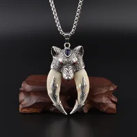 Antique Double Boar Tooth Silver Wolf Protective Talisman Pendant Necklace Gift 2