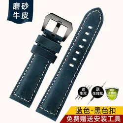 Men's Genuine Leather Watchband - Frosted Cowhide Strap in Various Sizes - 22mm (Blue - black)