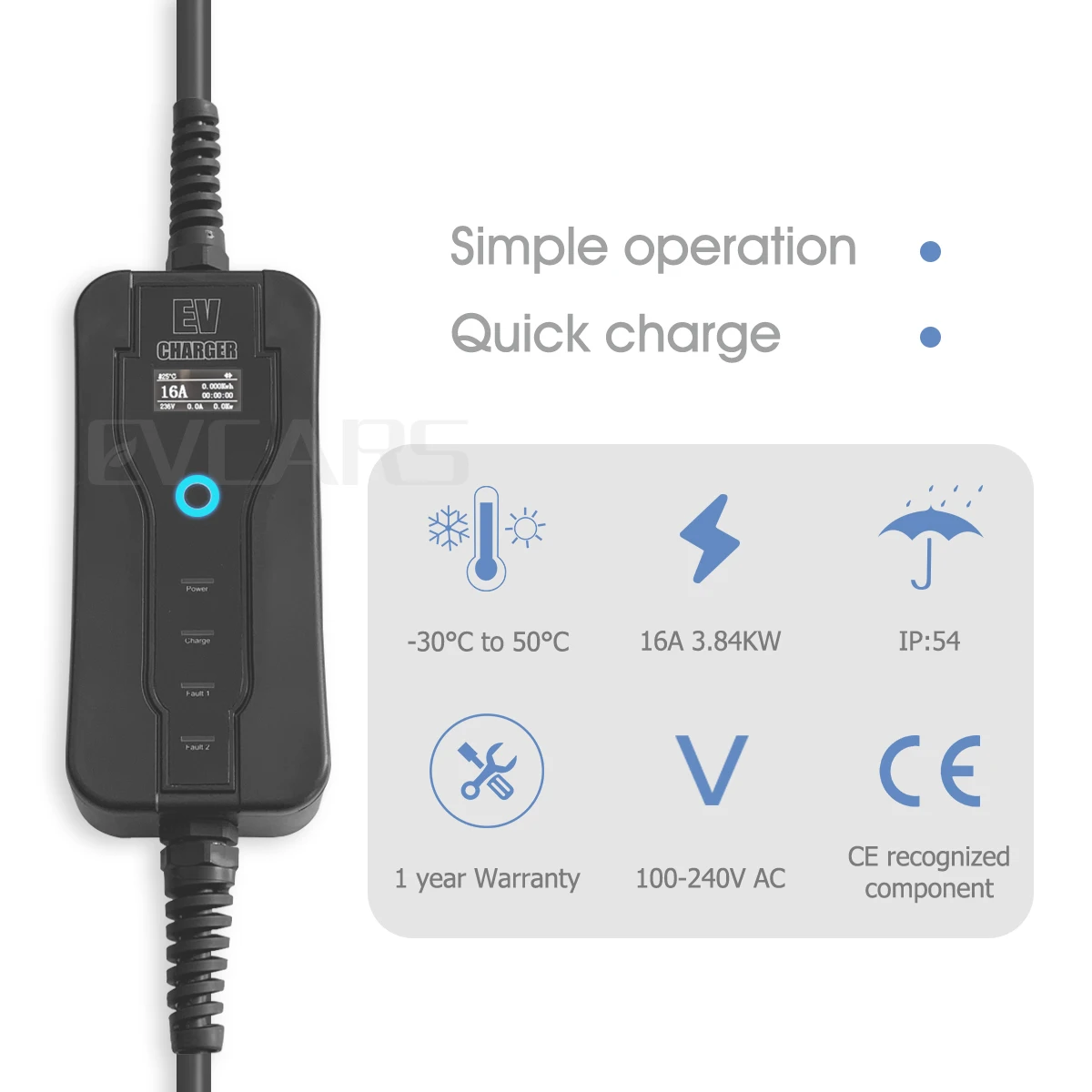 Zencar Evse Charger Type 1, Type 2, Schuko Plug, 230 V, 3.6 kW, EV Electric  Car Switchable Charging Box, 6 A / 8 A / 10 A / 12 A / 16, a Display  Charging Cable, 5–10 Metres : : Automotive