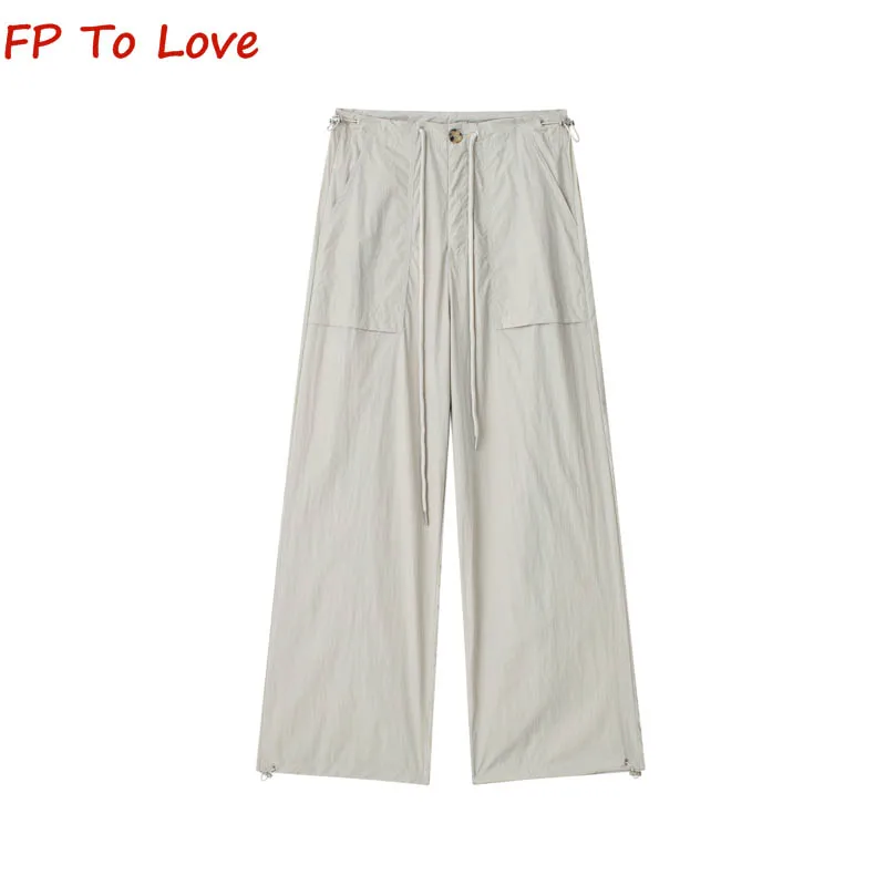 

2023 American Street Summer Drawstring Parachute Pants Vintage High Waist Straight Leg Trousers Cargo Pants