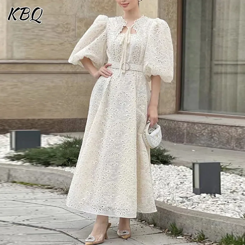 

KBQ Solid Patchwork Embroidery Dresses For Women Round Neck Puff Sleeve High Waist Spliced Lace Up Long Dress Female Fashion New