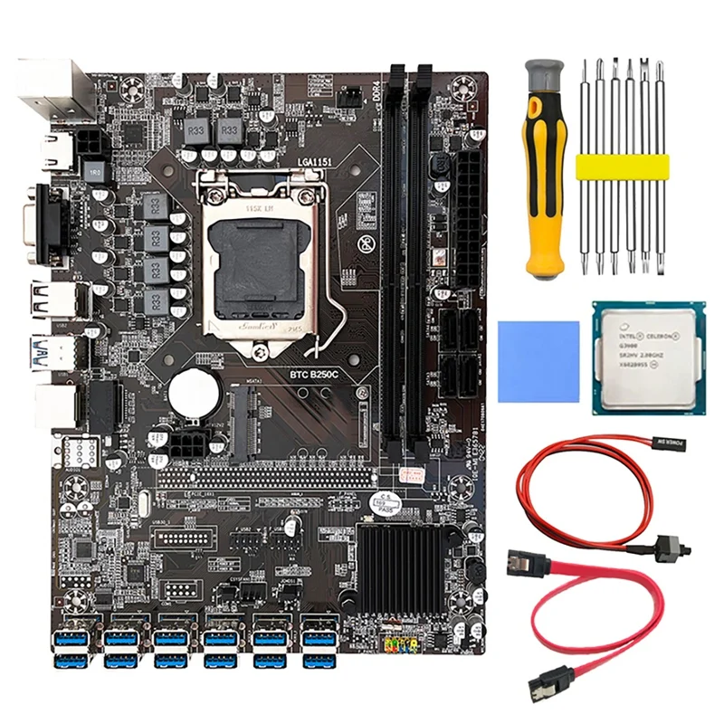 good pc motherboard B250C BTC Mining Motherboard With G3900 CPU+Thermal Pad+Switch Cable+Screwdriver 12 USB3.0 Slots LGA1151 DDR4 RAM MSATA gaming pc motherboard