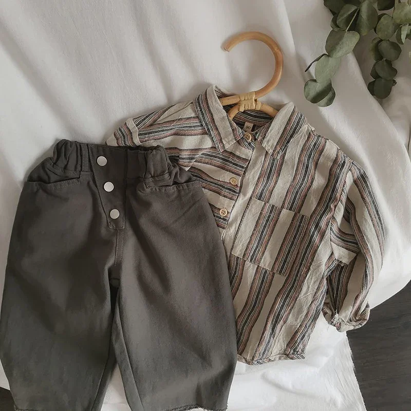 Children's Retro Striped Irregular Cotton Linen Shirt Autumn Korean Literary Baby Boys Buttons Long-Sleeved Shirts WT055 kids shirts boys shirts