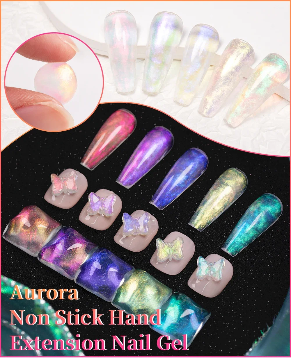 Description Picture 2 of item15ml Aurora Non Stick Hand Extension Nail Gel Polish Aurora Glitter Effect 3D Carving Manicure Semi-Permanant Nail Art Varnish
