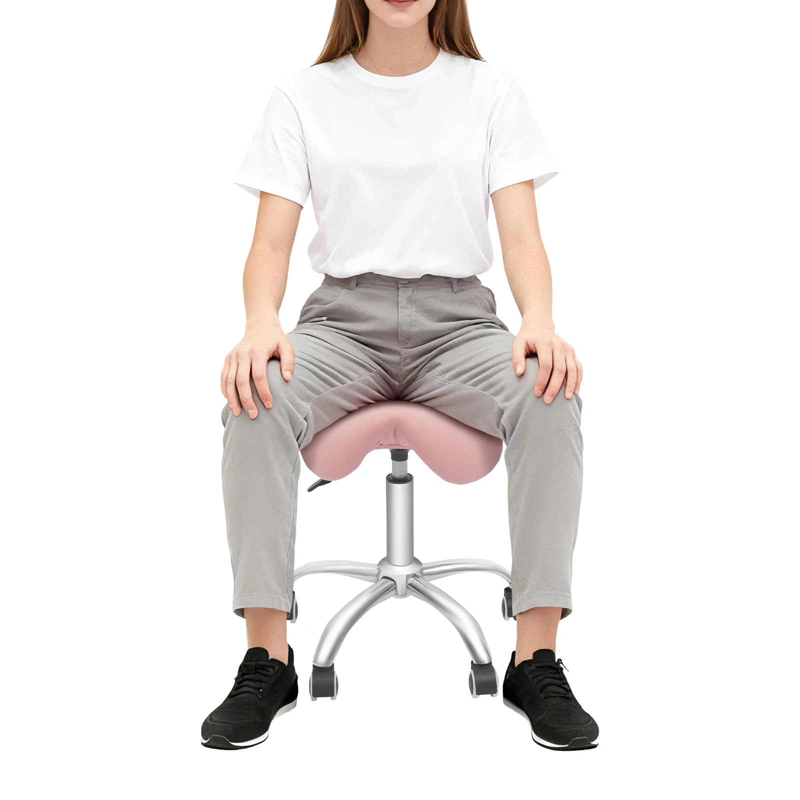Höhenverstellbarer rollender Salonhocker, Sattelhocker mit Rollen, 130 kg belastbar, für Friseursalons, Schönheitssalons, Werkstätten usw. – Detail 11