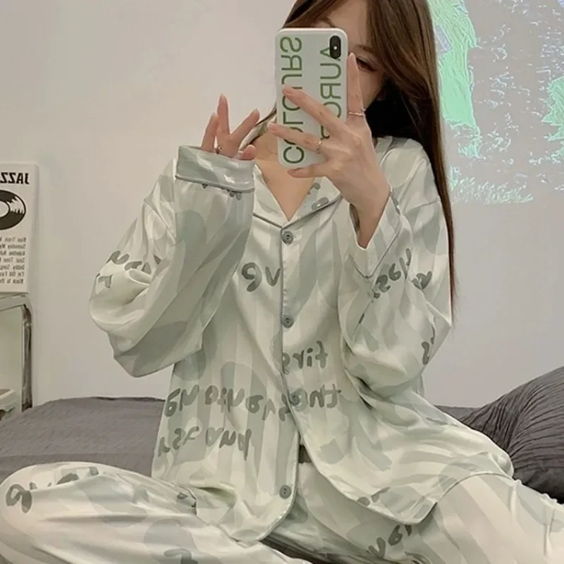 2024 New Spring Autumn New Ice Silk Pajamas Women's Two Piece Sleepwear Set Long Sleeve V-neck Girls' Homewear Thin Loungewear