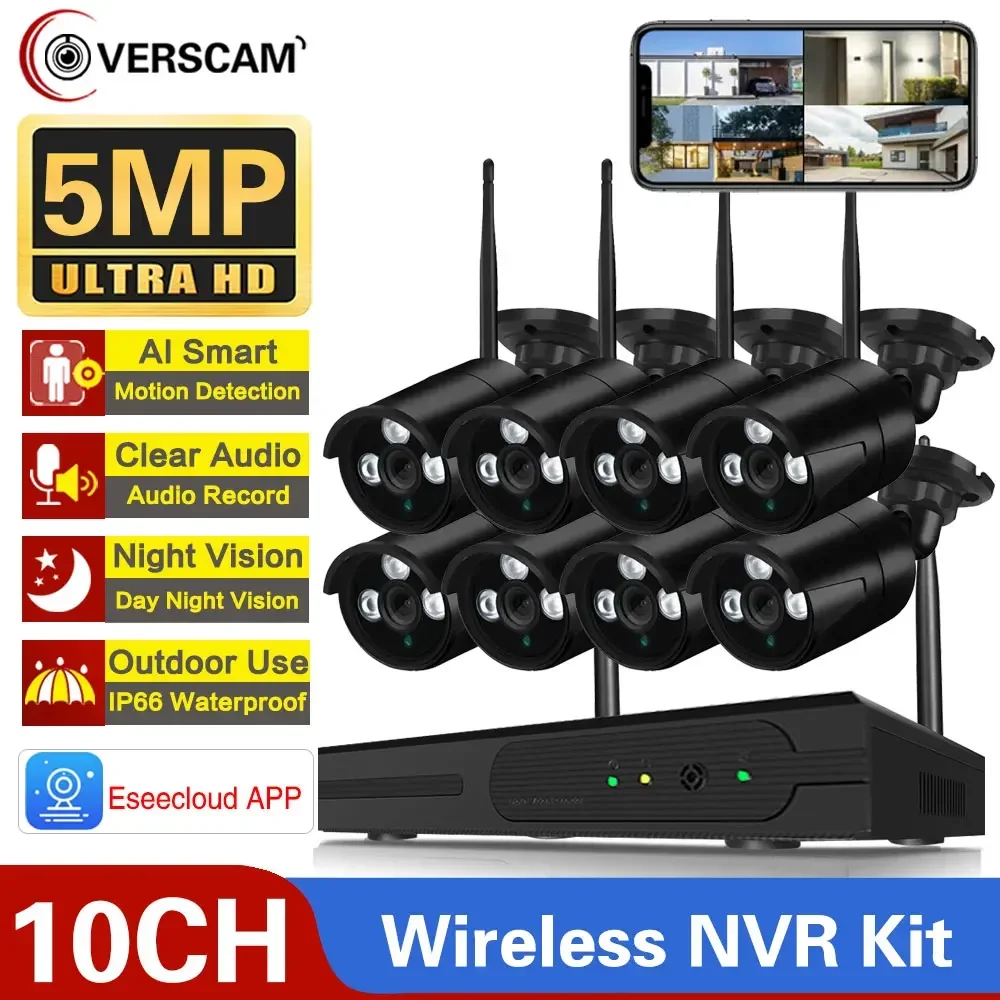 

Беспроводная Wi-Fi камера в комплекте 5 Мп аудио Смарт AI Обнаружение человека наружная камера безопасности 10CH NVR система видеонаблюдения Eseecloud