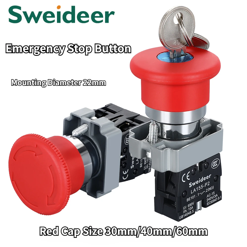 220V Emergency Stop Button Switch Rotate Locking XB2BS542 BS442 BS642 BS142 10A Key Power