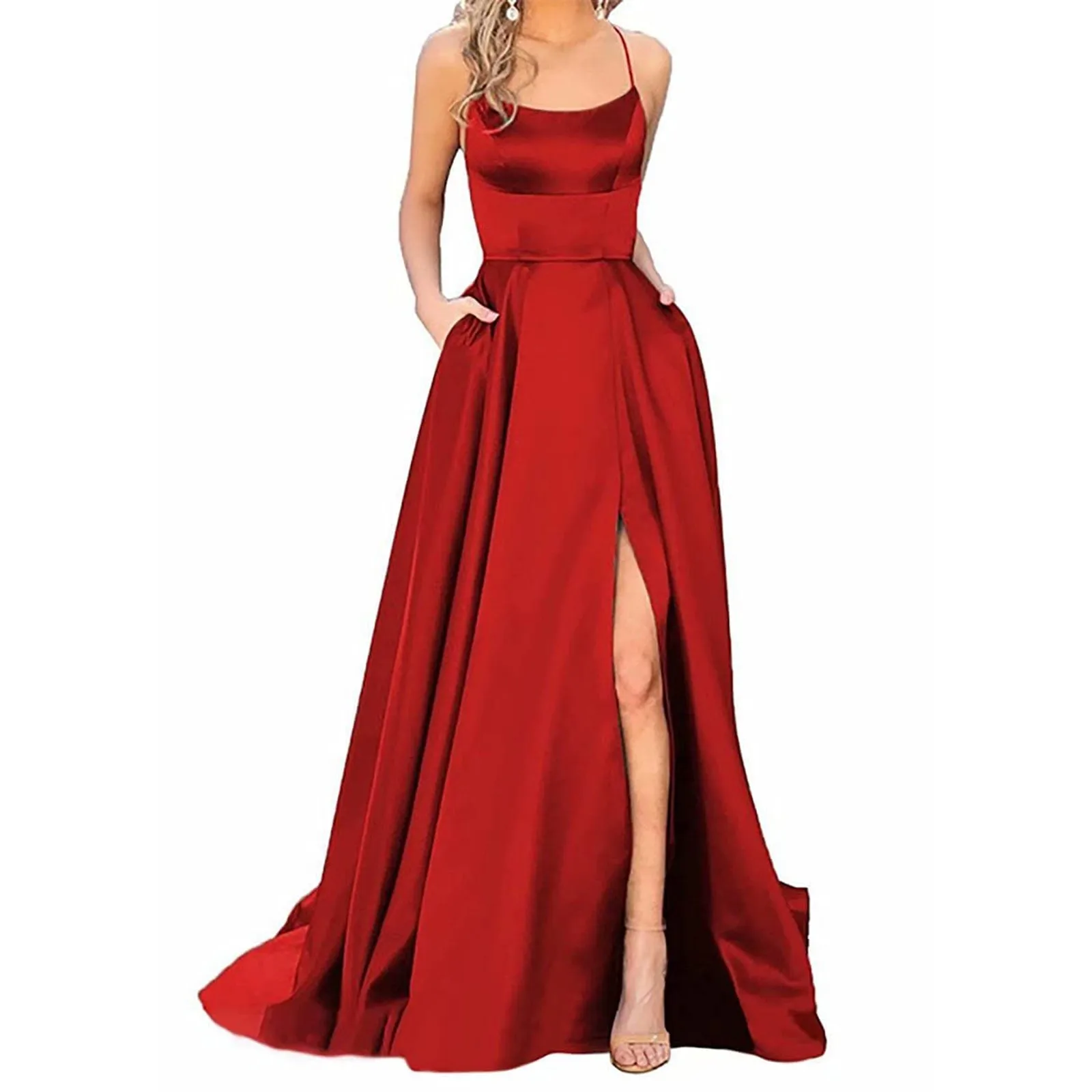 thumbnail image 1 of Vestido de fiesta de noche largo sin espalda sexy morado con abertura lateral vestido maxi para mujer línea A tirantes finos satén vestidos de fiesta formales vestido, 1 of 5