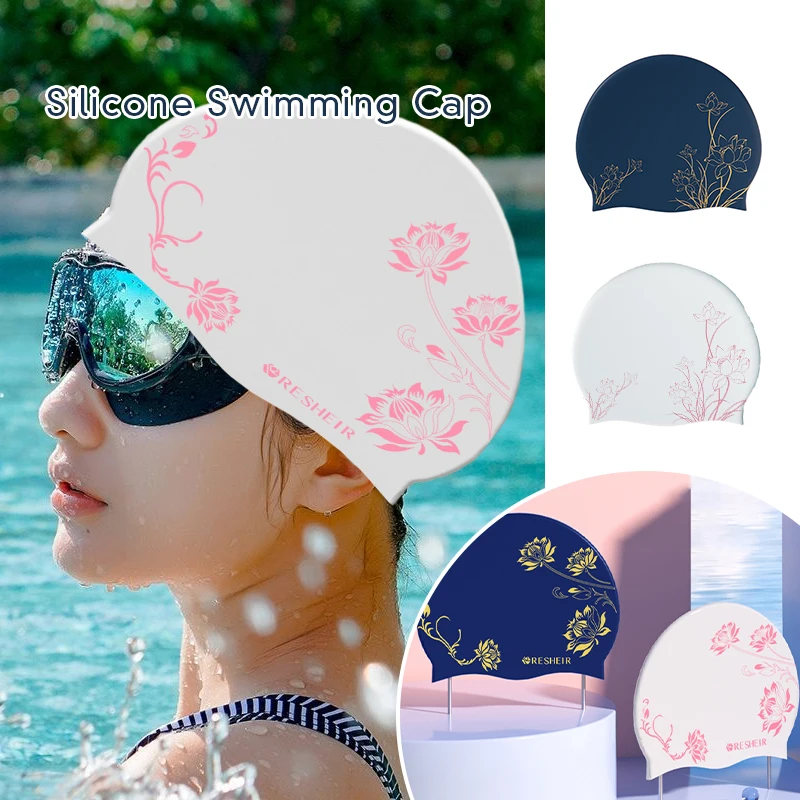 Large High Elastic Silicone Swimming Cap Professional Protection Ear Protection Adult Men Women Long Hair Lotus Printed Swim Hat