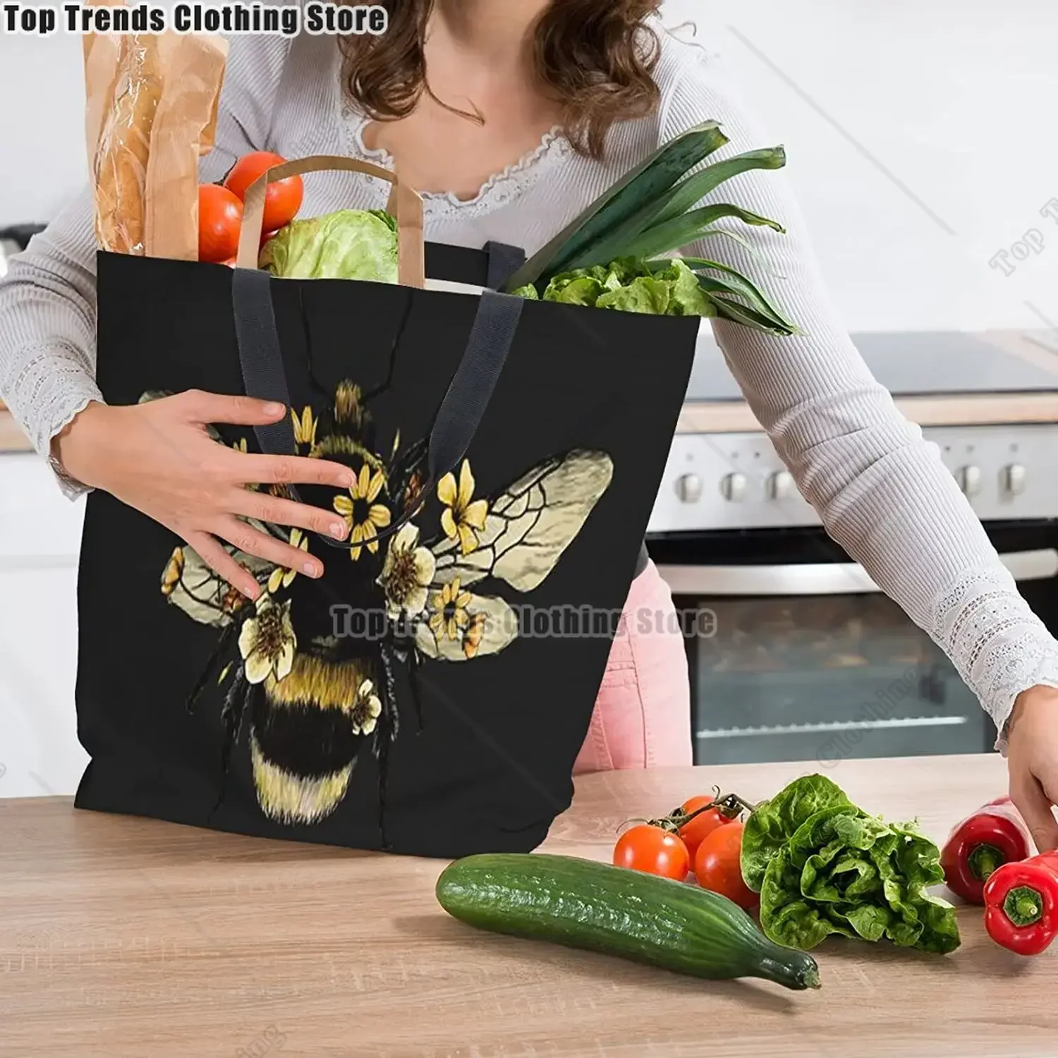 Bee Black Reusable Grocery Bags Tote Bag for Women Casual Shoulder Bag Foldable Large Shopping
