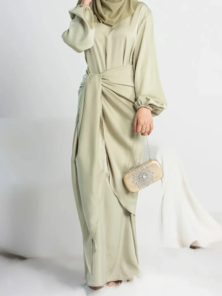 Turkey Muslim Satin Dress Abaya 2pcs Set Wrap Skirt Party Long Modest Dresses for Women Dubai Islamic Clothing Kaftan Hijab Robe