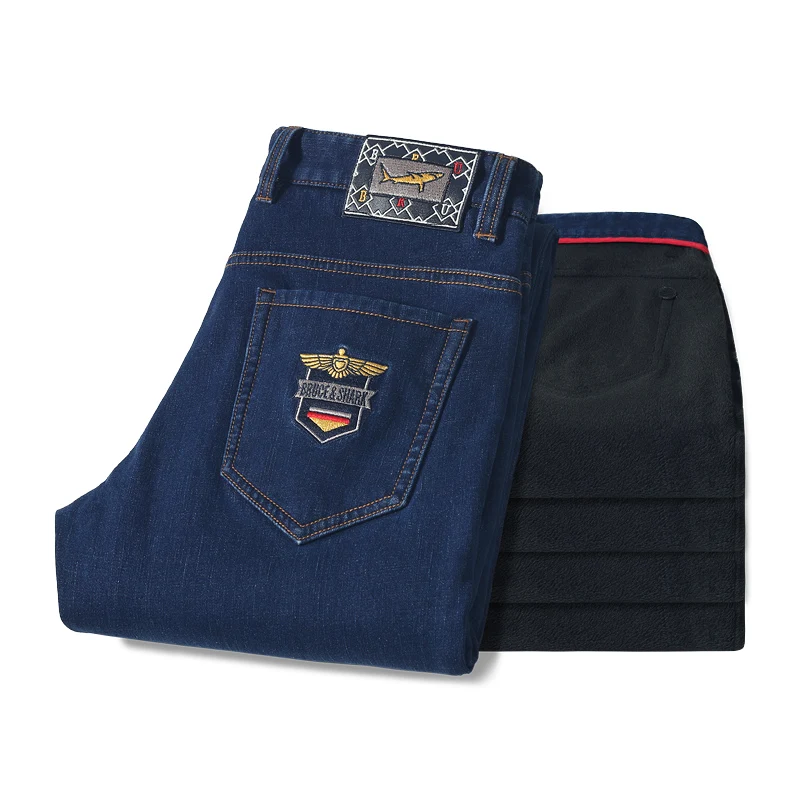 2024 Winter New Straight Leg Black Fleece Lining Jeans for Men Bruce&Shark Stretch Mid-Waist Velvet Denim Casual Mens Jeans 5
