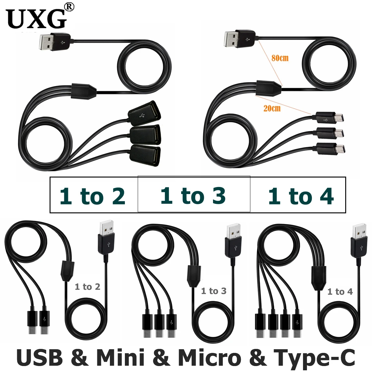 Type-C 1 to 4 Port Type C USB C to Mini Micro 5pin USB Y Splitter Multiple Fast Charging Date Cable Cord For Smartphone Tablet