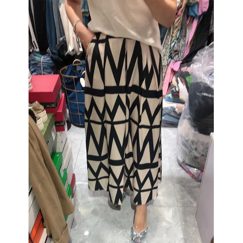 Fashion Wave Pattern Print A-Line Skirt Women Casual Boho Beach High Waist Loose Hem Skirts Ladies Commuting Elegant Long Skirt