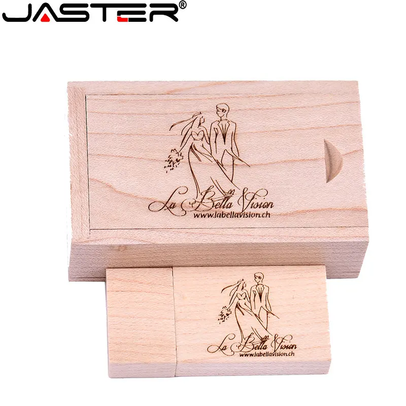 JASTER 나무 USB 2.0 플래시 드라이브 128GB 64GB 무료 맞춤형 로고 펜 드라이브 메이플 나무 박스 메모리 스틱 32GB 16GB U 디스크 노트북용