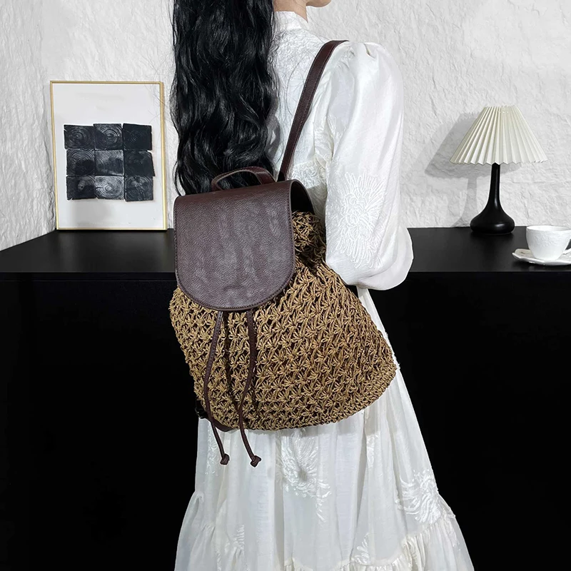 Women's Summer Boho Straw Backpack Hollow Shoulder Hobo Bag Crochet Woven Travel Beach Knitted Bag