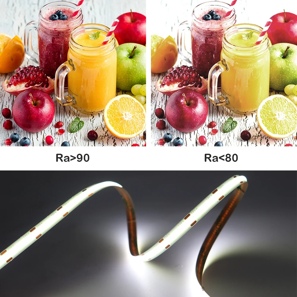 COB LED Strip 320 480 528LEDs/m High Density Flexible Tape Ribbon 3000-6000K Red Green Blue Yellow RA90 DC12V/24V