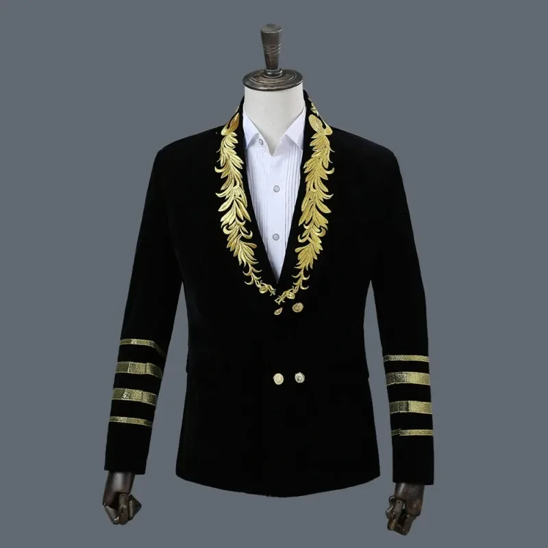 

Flat Velvet Embroidered Suit Three-dimensional Military Dress Host Singer Nightclub Suit Top Photo Mens Blazer Jacket Blazers