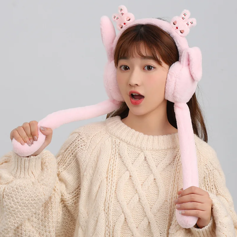 Rabbit Earmuff Toy Cute Ear Move Earmuff Rabbit Moving Ears Jumping Earmuffs Warm Funny Toy Cap Plush Toy Headphones For Women Adult Winter Gift