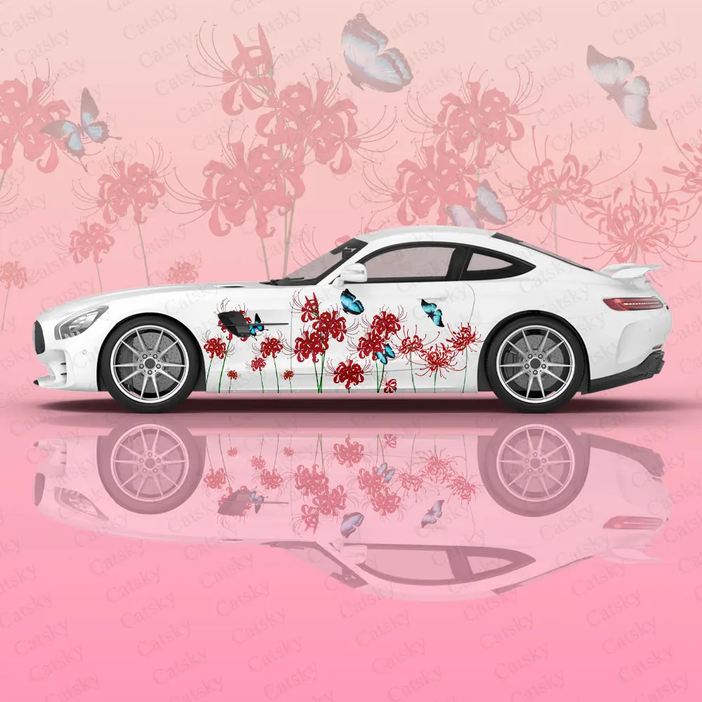 

Красный цветок, автомобильная графическая наклейка, защита всего тела, виниловая оболочка, цветные бабочки, векторное изображение, оберточная наклейка, декоративная Автомобильная наклейка