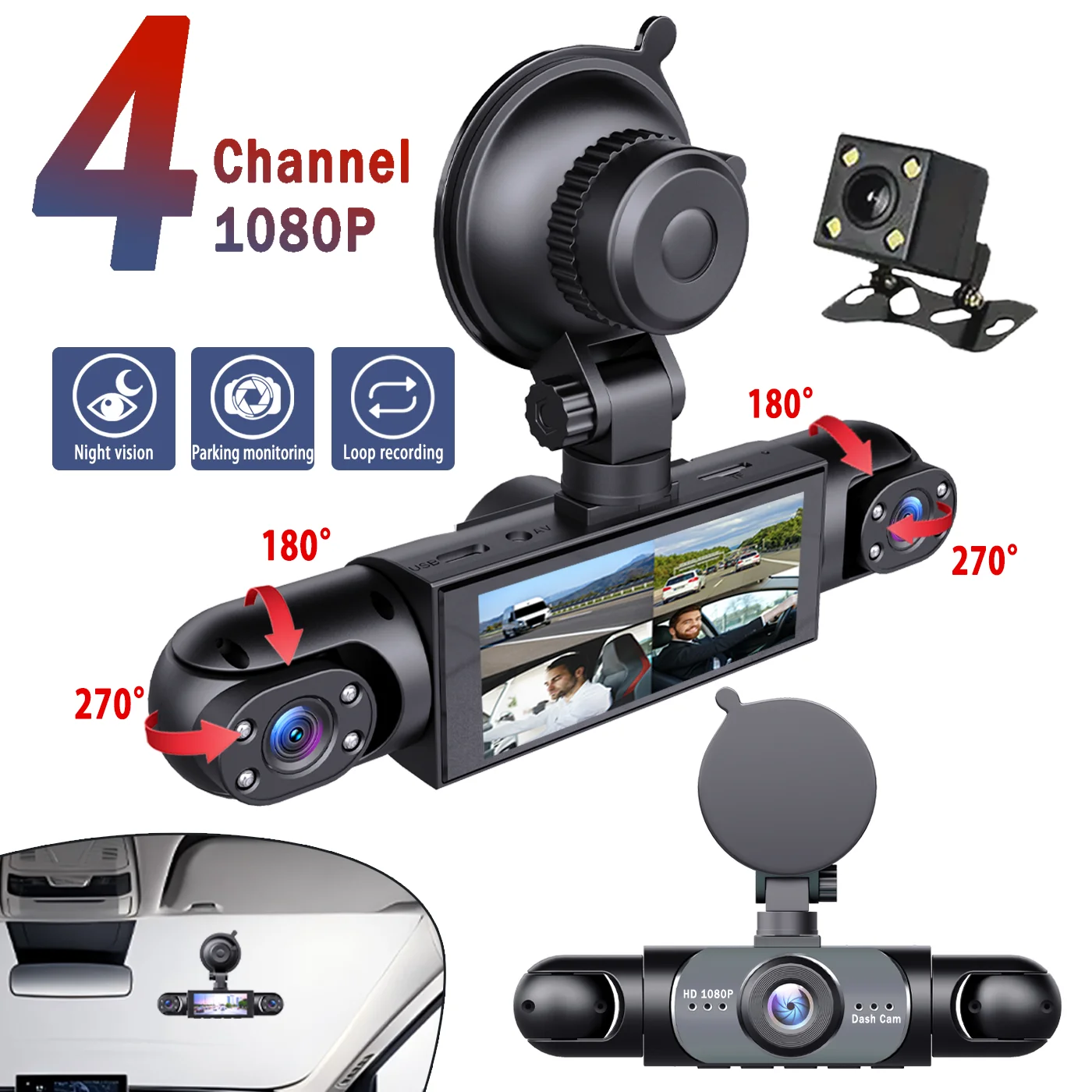 1080P 4-Channel Car DVR with HD Display Front and Rear Cameras Night Vision G-Sensor Loop Recording USB Rechargeable