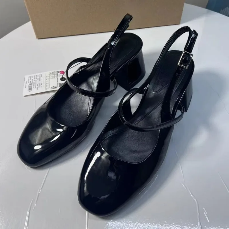 Woman Chunky High Heels Sandals Round Toe Patent Leather Summer Slingbacks Mary Janes Shoes