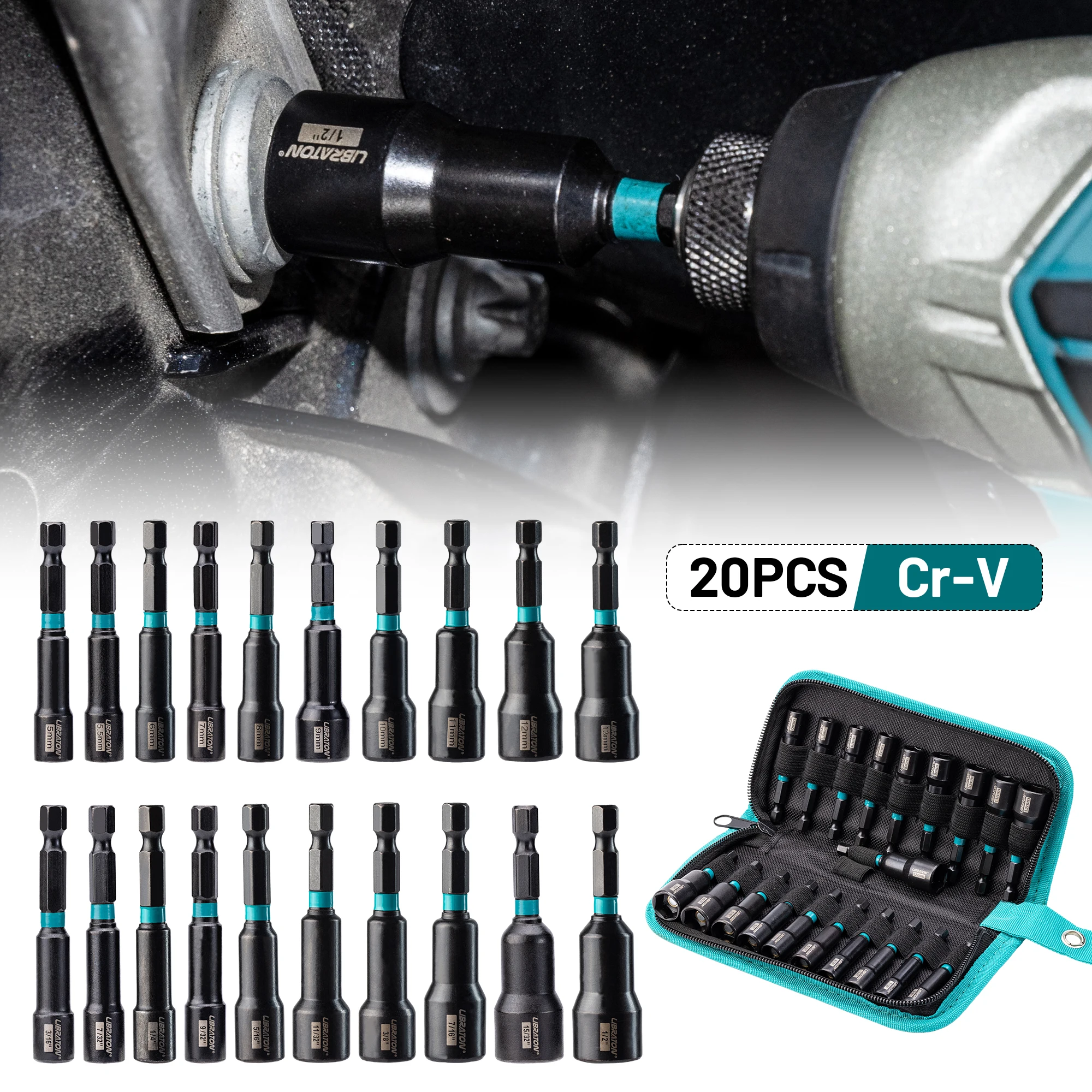 Libraton Metrisches und SAE-Magnetmutternschrauber-Set, 20-teilig, 5–13 mm und 3/16–1/2 Zoll Mutterschrauber für Schlagbohrschrauber, einfache Aufbewahrung