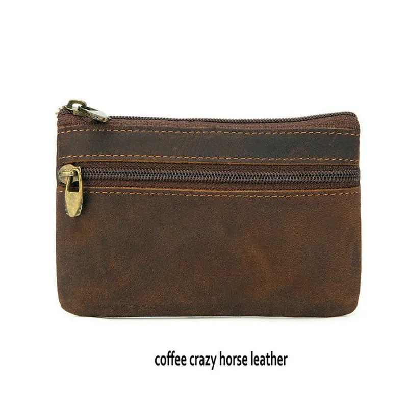 Vintage Genuine Leather Coin Purse with Keychain - Cowhide Zipper Wallet & Key Holder