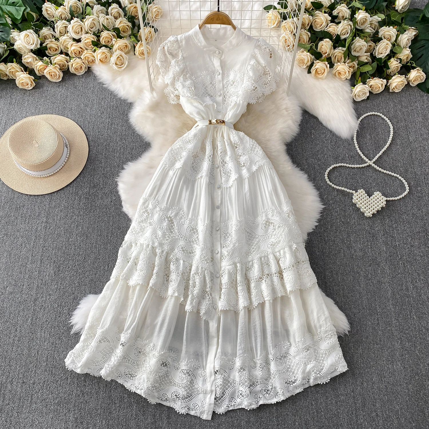 Sexy chic hollow out lace Vintage korean fashion Evening A-line dress ...