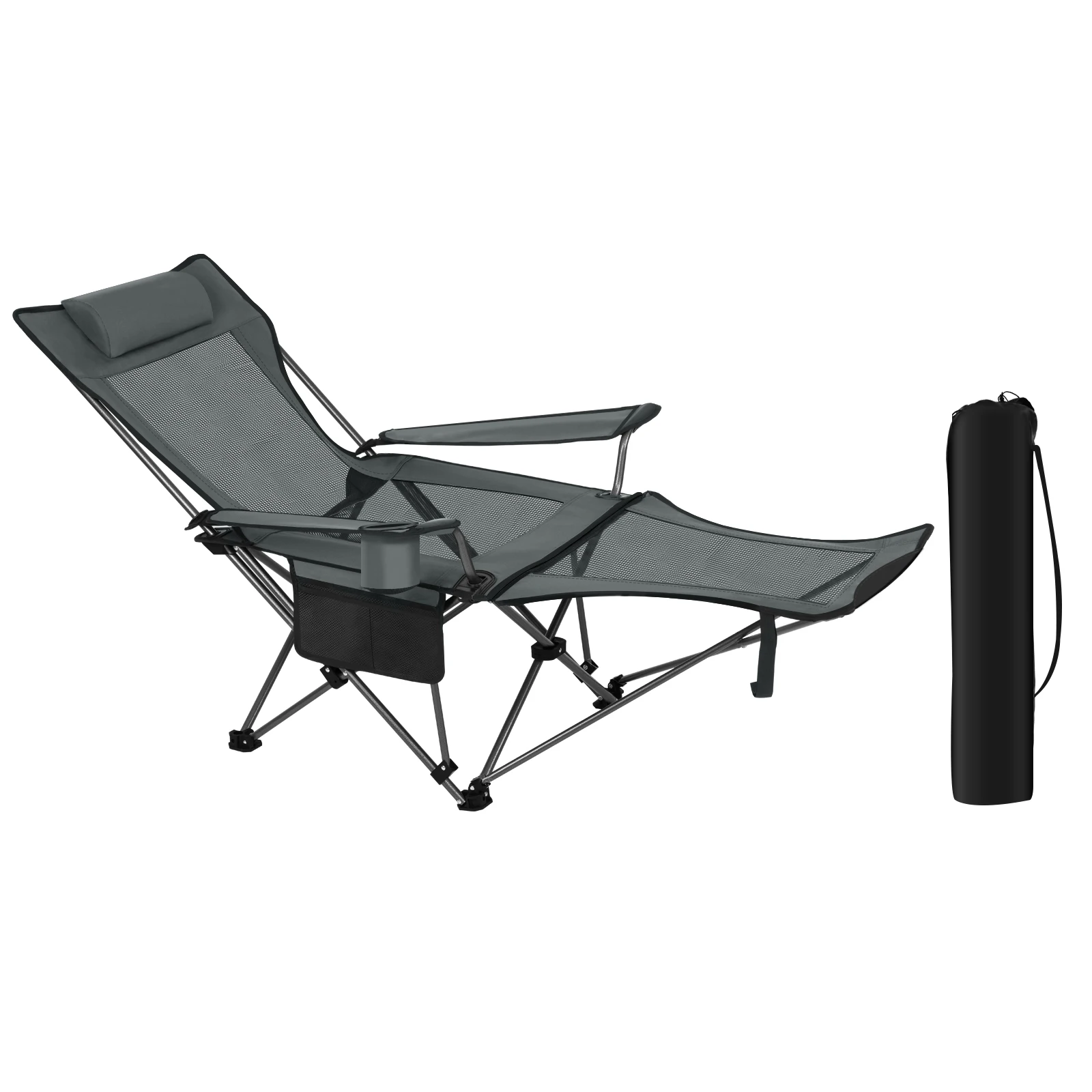Chaise camping pliante avec repose-pieds et porte-gobelet - Siège plage pêche réglable avec sac transport
