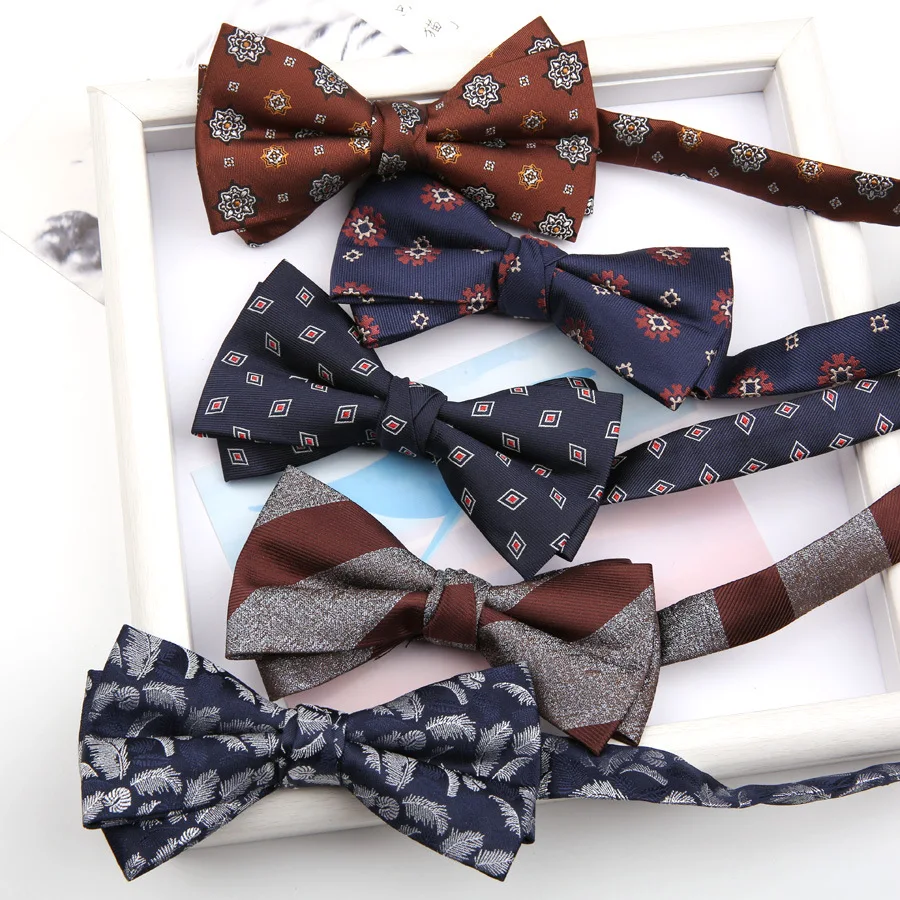 

6*12CM Navy Blue Geometric Feather Floral Striped Yarn-dyed Polyester Bowtie for Man Wedding Business Casual Necktie Accessories
