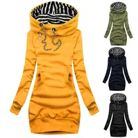 Hoodie Dress Casual Solid Colour Long Sleeve Drawstring Hoodie Dress Slim Hooded Pullover Sweatshirt Dress 1