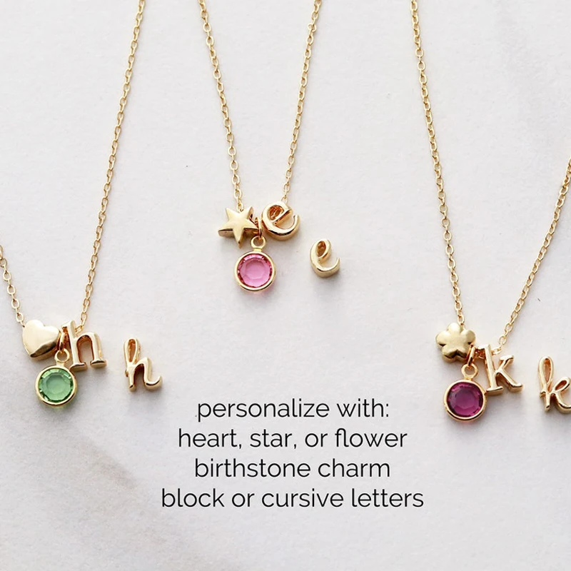 

Birthstone Necklace 18K gold Stainless Steel Children's Letter Initial Pendant with Star Heart Flower, Birthday Gifts for Girls
