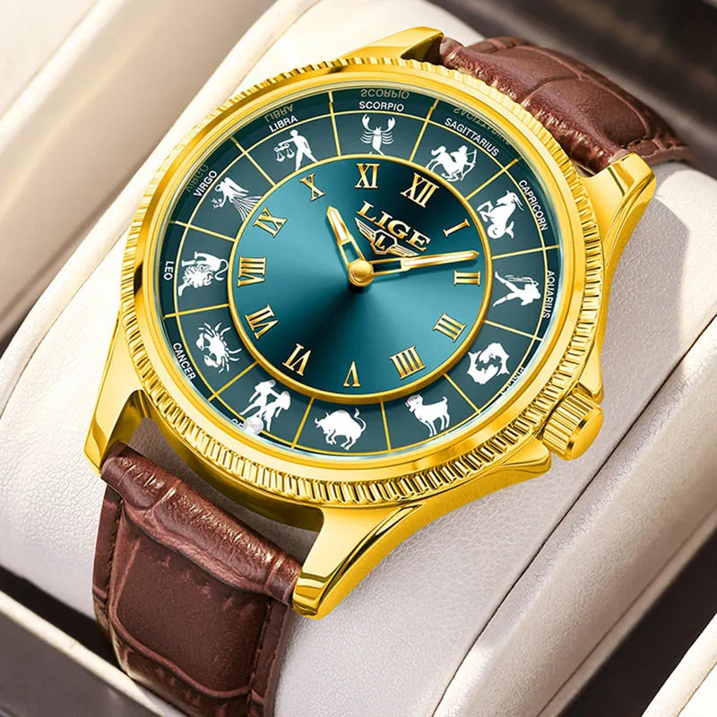 LIGE New Creative 12 Zodiac Watch Men Fashion Leather Waterproof Luminous Watch for Men Business Sport Men's Quartz Wristwatches