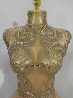 Sexy Shining Golden Rhinestone Mesh See Through Bodysuit Women Birthday Evening Party Celebrate Performance Nightclub Stage Wear - Image 4