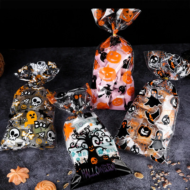 

50pcs Halloween Plastic OPP Bags 13*27cm with Wire Orange Pumpkin Ghost Skull Print fit Candy Jewelry Gift Packaging Display