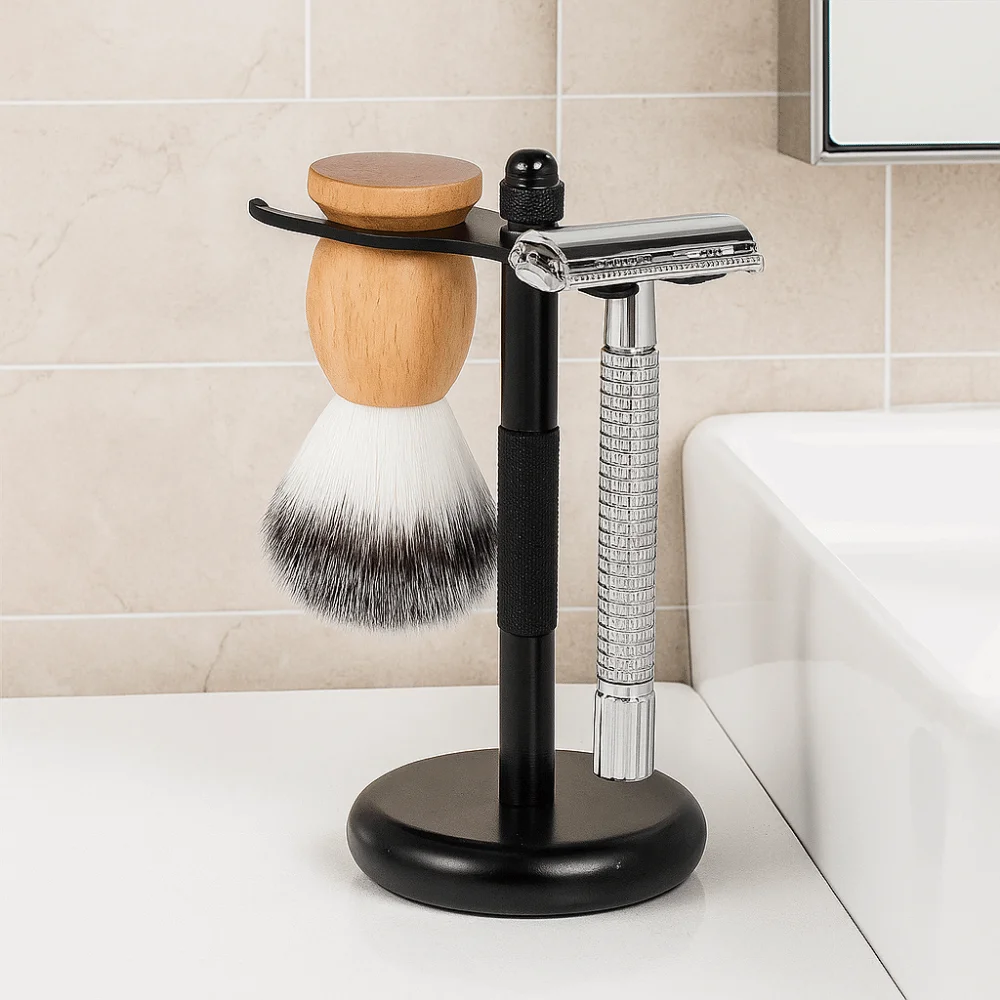 Alloy Construction Razor and Brush Stand Chrome Finish Weighted Bottom Manual Razor Rack Extra Wide Openings Safety