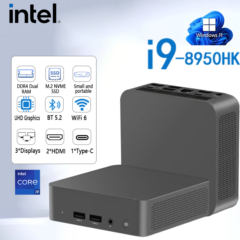 Portable Mini PC Intel Core i9 8950HK Gaming Mini PC Windows 11 Pro 16GB DDR4 1TB 2TB M.2 SSD WiFi 6 BT5.2 Desktop Computer PC