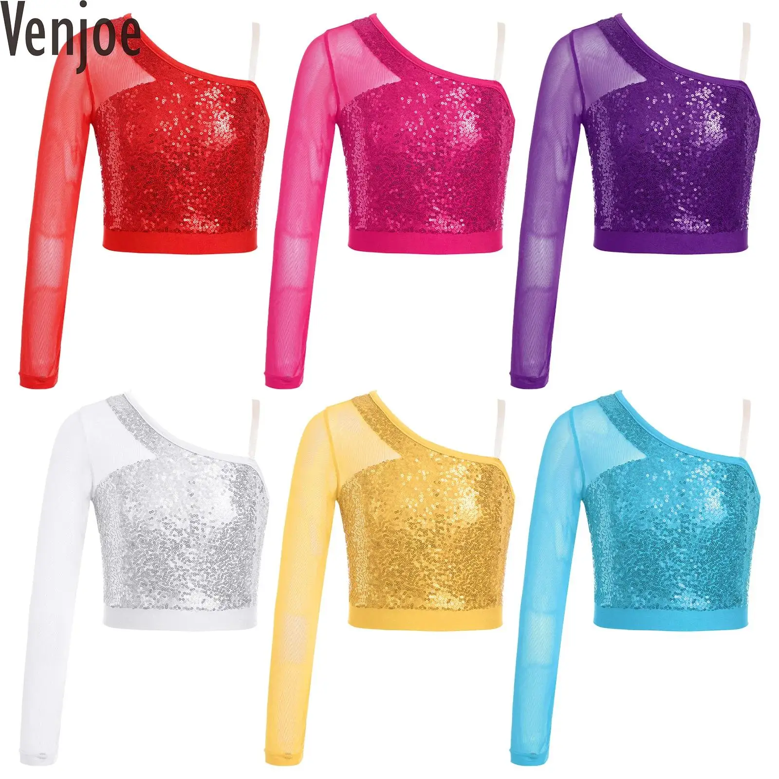 

Детский Блестящий танцевальный топ с блестками для девочек, сетчатый костюм для джазовых танцев, короткий топ на молнии с длинным рукавом на одно плечо, одежда для выступлений и танцев