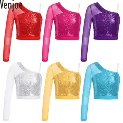 Kids Girl Sparkly Sequin Dance Top Mesh Jazz Dance Costume Long Sleeve One Shoulder Zipper Crop Top Stage Performance Dancewear