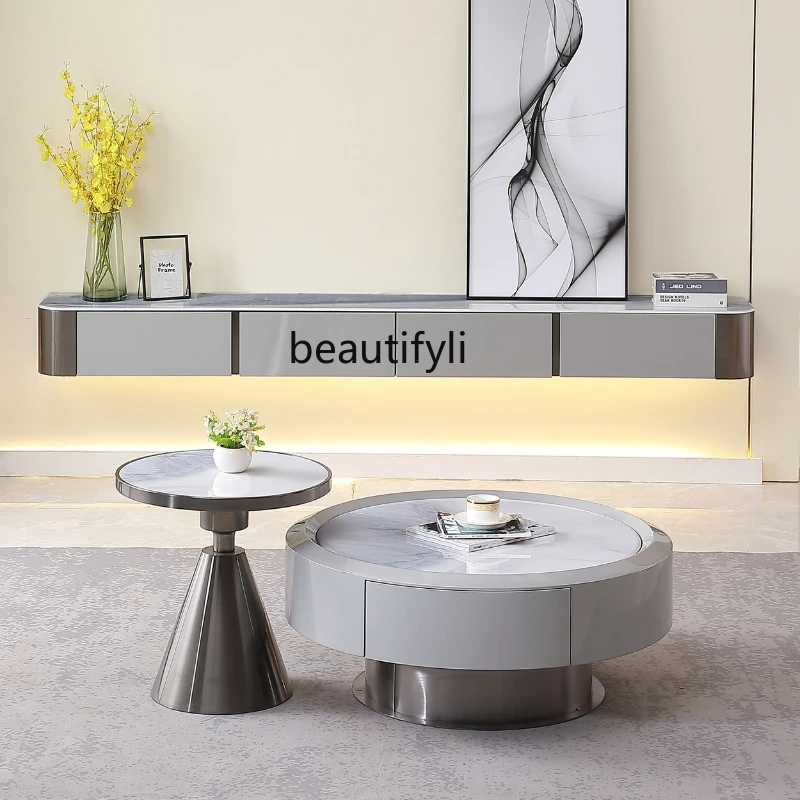 

Italian Light Luxury Stone Plate Coffee Table round Size Assemblage Zone Drawer Creative TV Cabinet Living Room