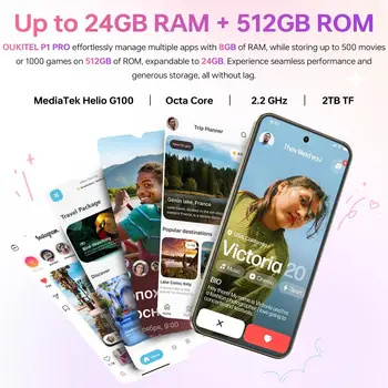 Teléfono Inteligente OUKITEL P1 PRO, Pantalla AMOLED FHD+ de 6.7 Pulgadas y 120 Hz, hasta 24 GB (8+16) + 512 GB, Teléfono Ultrafino de 8.2 mm, Android 15, Batería de 5150 mAh, Teléfono Celular con NFC 2