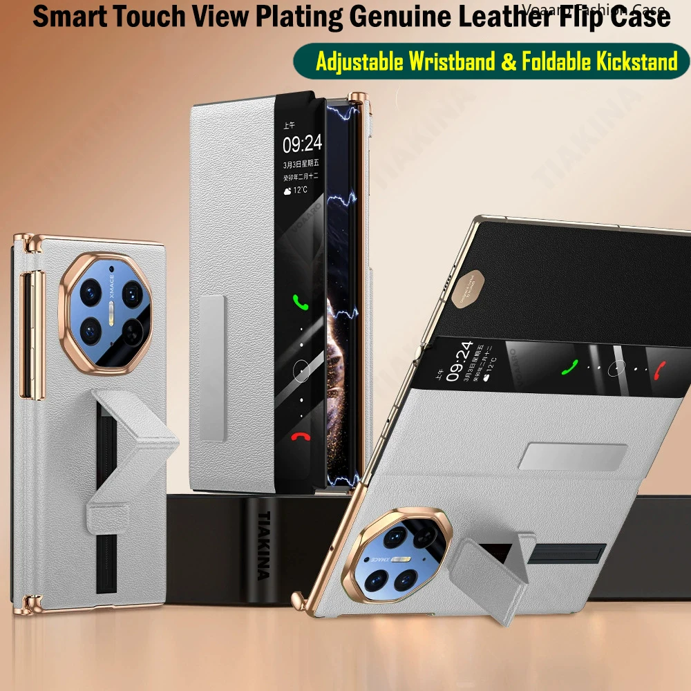 Genuine Leather Smart Touch Flip Case with Adjustable Wristband and Kickstand