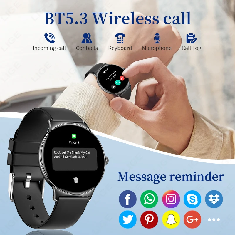 LIGE AMOLED Screen Healt Smart Watch Women Sports Fitness Watch Men Waterproof Smart Watch Bluetooth Call For Android iOS Phones 5